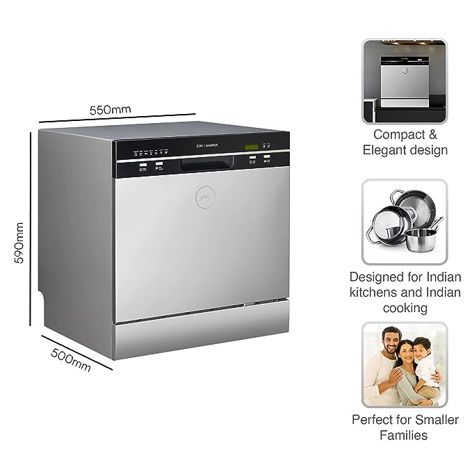 Godrej Eon Dishwasher | 8 Place Setting Counter-Top | Compact with an In-built heater (DWT EON MGNS 8C NF SKSL, Silky Silver) | Perfect for Indian kitchens and smaller families (OPEN BOX) Godrej Eon Dishwasher | 8 Place Setting Counter-Top | Compact with an In-built heater (DWT EON MGNS 8C NF SKSL, Silky Silver) | Perfect for Indian kitchens and smaller families (OPEN BOX)